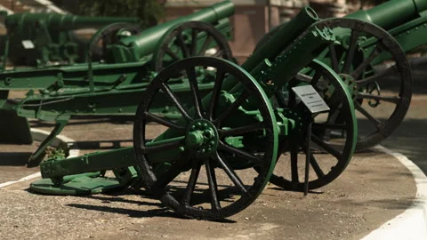 Obsolete, abandoned, and rusty combat guns stand amidst the natural landsca.. Stock-Footage 346342092