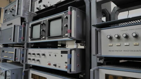 Obsolete research equipment, electronic computing equipment Stock Footage 145641882
