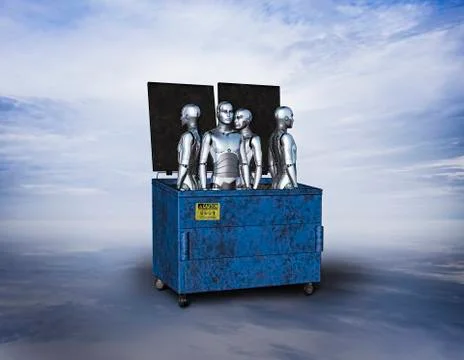 Obsolete robots in garbage dumpster Stock Photos
