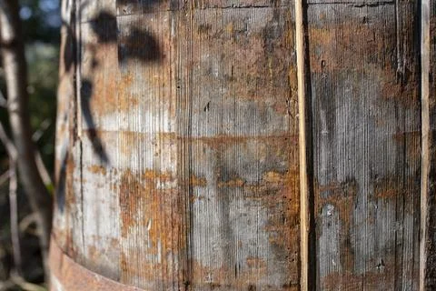 Obsolete wooden barrel with rust pattern, soft focus  texture Stock Photos