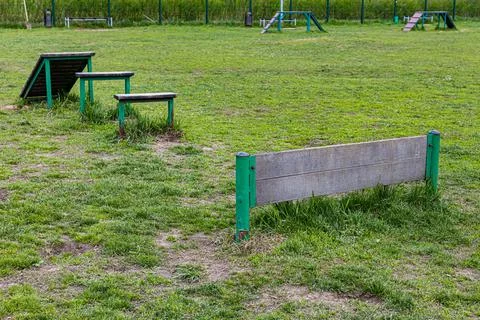 Obstacle course consisting of projectiles on the ground for dog training Stock Photos