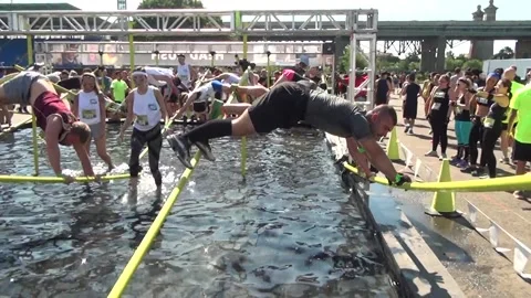 Obstacle Racing water obstacle to camera Video stock 171241482