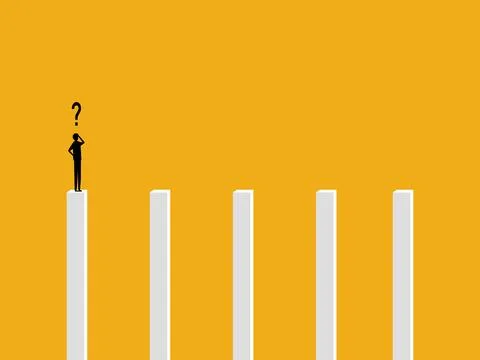 Obstacles, problem solving. Businessman standing on top of distant poles th.. Illustrazione stock