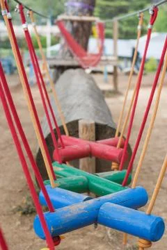 Obstacles on suspended bridge path concept for problem solving Stock Photos
