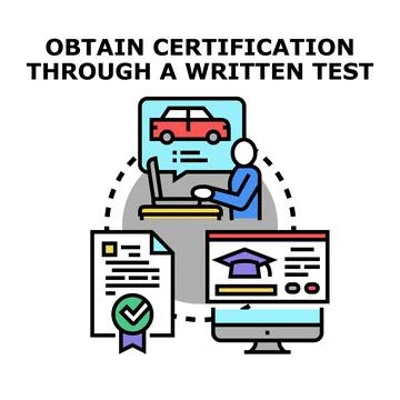 Obtaining license certification and online examination concept Illustrazione stock