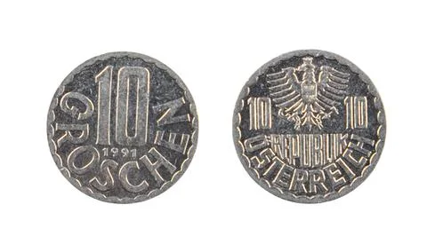 Obverse and reverse views of an old Austrian Groschen coin from 1991 on a w.. Stock Photos