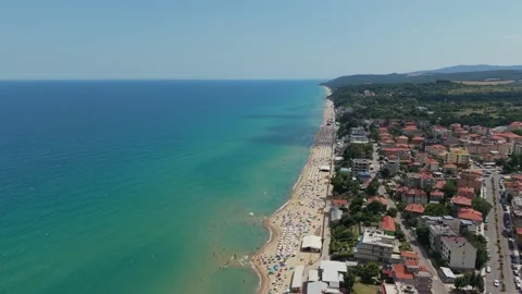 Obzor Bulgaria aerial push in view over beach resort and coastline Stock Footage 344465656