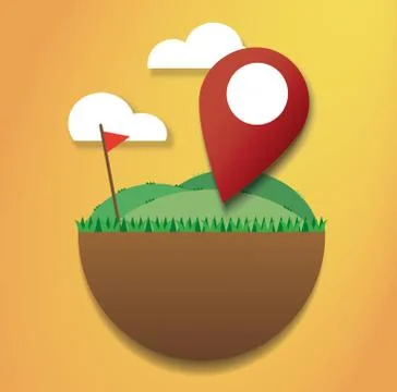 Ocation icon on the green field and red flag. reach to destination Stock Illustration