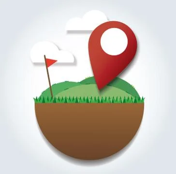 Ocation icon on the green field and red flag. reach to destination Stock Illustration