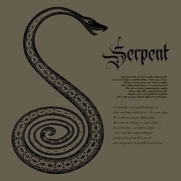 Occult ancient coiled snake with text 'serpent' and lorem ipsum Stock Illustration