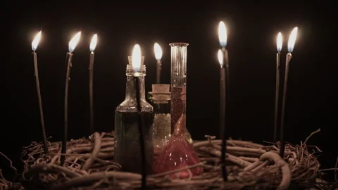 Occult and esoteric witchcraft doctor background with potion vials. Hallowe.. Stock Footage 345456536