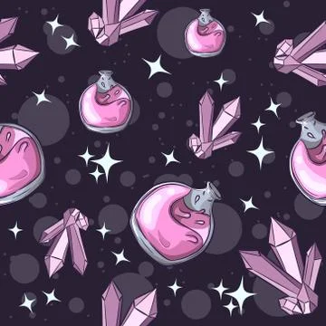 Occult and wiccan seamless pattern with alchemy objects. Stock Illustration