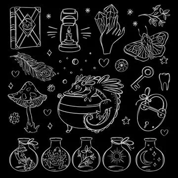 OCCULT ELEMENTS Witchcraft Monochrome Esoteric Astrology Set Stock Illustration