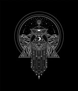 Occult esoteric vector illustration of cosmos and basic elements. 库存插图