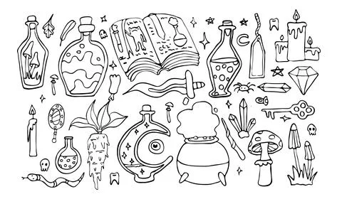 Occult Halloween vector doodle set, isolated on white, witch herbs, crystals and Illustrazione stock