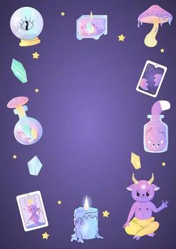 Occult magic frame, crystal ball with satan, tarot, candles, magic Stock Illustration