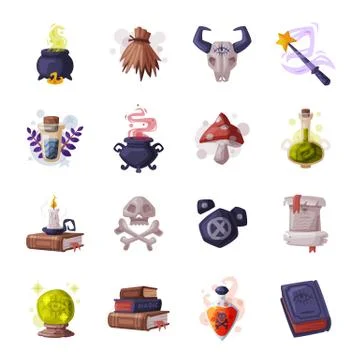 Occult Magic Objects for Mystic Rituals Set, Witchcraft Equipment Cartoon Style Stock Illustration