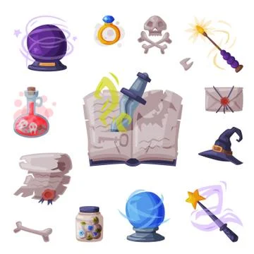 Occult Magic Objects Set, Witchcraft and Mystic Ritual Equipment Cartoon Style イラスト素材