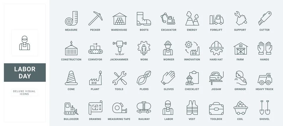 Occupational safety of workers and engineer in industry, equipment line icons Stock Illustration