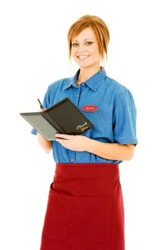 Occupations: smiling server with check folder Stock Photos