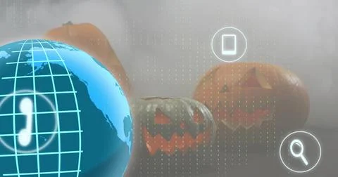 Occupying left large globe showing cyan grid and phone icon in studio, pumpki Stock Photos