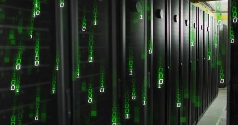 Occupying right side, server racks receding into aisle, showing round handles, Stock Illustration
