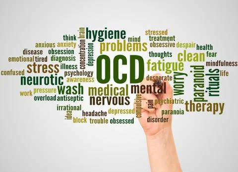 OCD word cloud and hand with marker concept Stock Illustration
