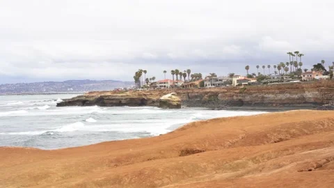 Ocean and cliff views on a cloudy day in San Diego, California Stock Footage 154459733