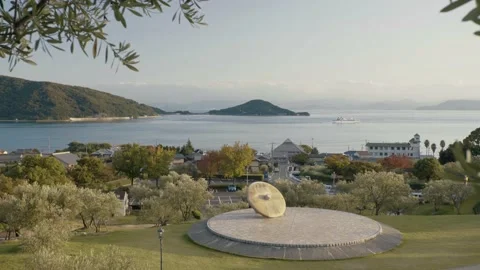 Ocean and Mountain View in Evening From Olive Park at Shodoshima Island Stock Footage 153588436