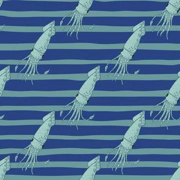 Ocean animal seamless pattern with simple squids ornament. Blue striped backg Stock Illustration