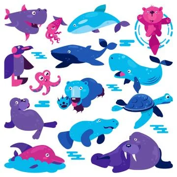 Ocean animal vector cartoon animalistic character whale penguin turtle and bear Stock Illustration