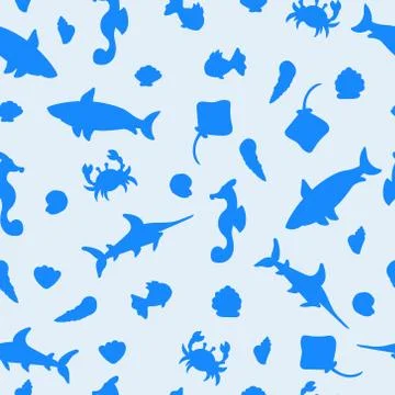 Ocean animals silhouette seamless pattern. Stock Illustration