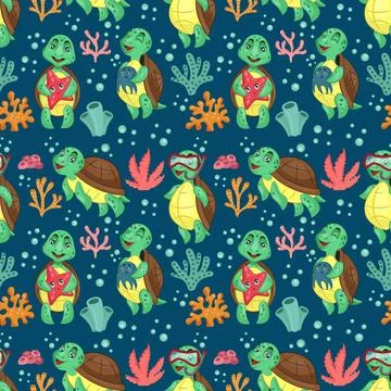 Ocean animals. Swimming turtle pattern. Green and blue sea underwater natur.. 스톡 일러스트