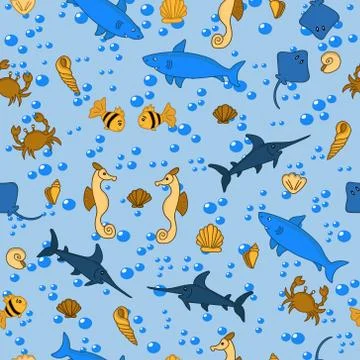 Ocean animals with water bubbles background Illustrazione stock