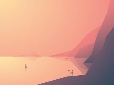 Ocean bay with ship, cliffs and two explorers. Business concept of success, new Illustrazione stock