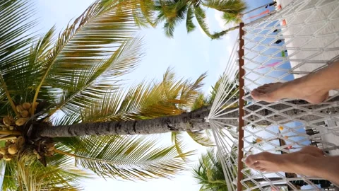Ocean, beach, hammock swinging Vertical video: pair of male feet in hammock on Stock Footage 270006239