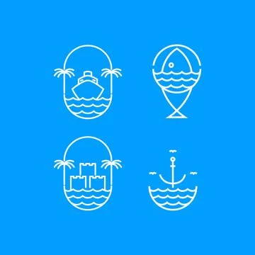 Ocean beach icon set logo design line vector Illustration