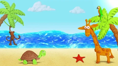 Ocean, Beach Sand. Plasticine Giraffe, Monkey, Turtle, Starfish. Background for 스톡 동영상 74071935