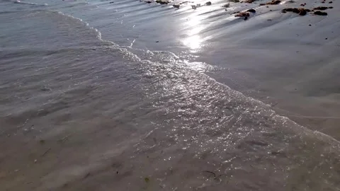 Ocean beach small calm waves with foam over the sunset Stock Footage 280450045