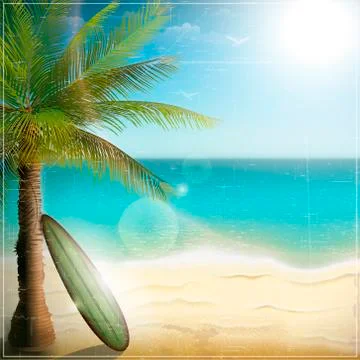 Ocean beach with surf board Stock Illustration