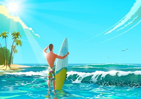 Ocean Beach Vector Illustration. Athletic man standing on the beach with Stock Illustration