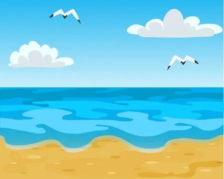 Ocean beach, waves and blue sky with white clouds. Vector Illustration Stock Illustration