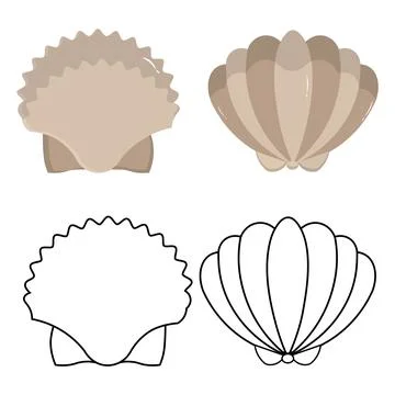Ocean bivalve shell flat and outline illustrations Stock Illustration