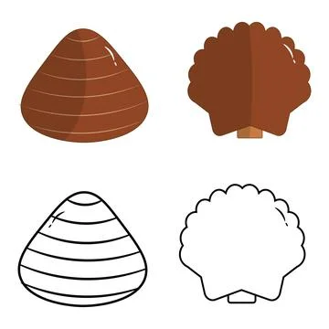 Ocean bivalve shell flat and outline illustrations Stockillustratie