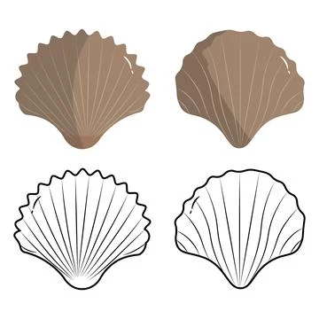 Ocean bivalve shell flat and outline illustrations Stockillustratie