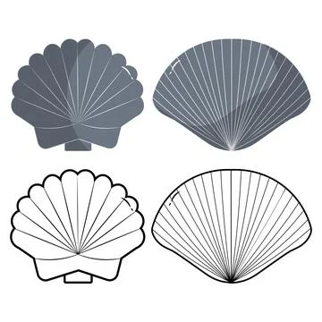 Ocean bivalve shell flat and outline illustrations Stockillustratie
