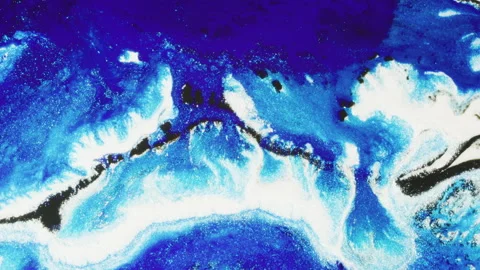 Ocean blue particles and fluid flowing through banks on white background, Flow S Stock Footage 136038443