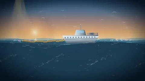 Ocean Cleanup Vessel Loop - Plastic Debris Collection Sunset Backdrop Stock Footage 341870953