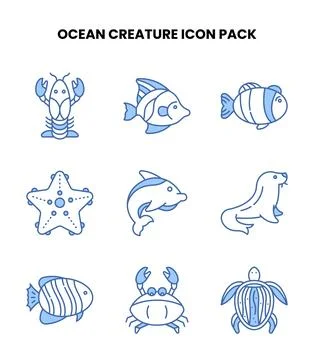 Ocean Creature Blue Color Collection Icons Pack Stock Illustration