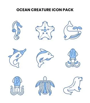 Ocean Creature Blue Color Collection Icons Pack Stock Illustration